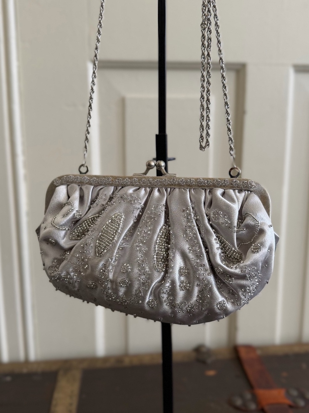 La Regale Silver Beaded Satin Evening Clutch with Chain